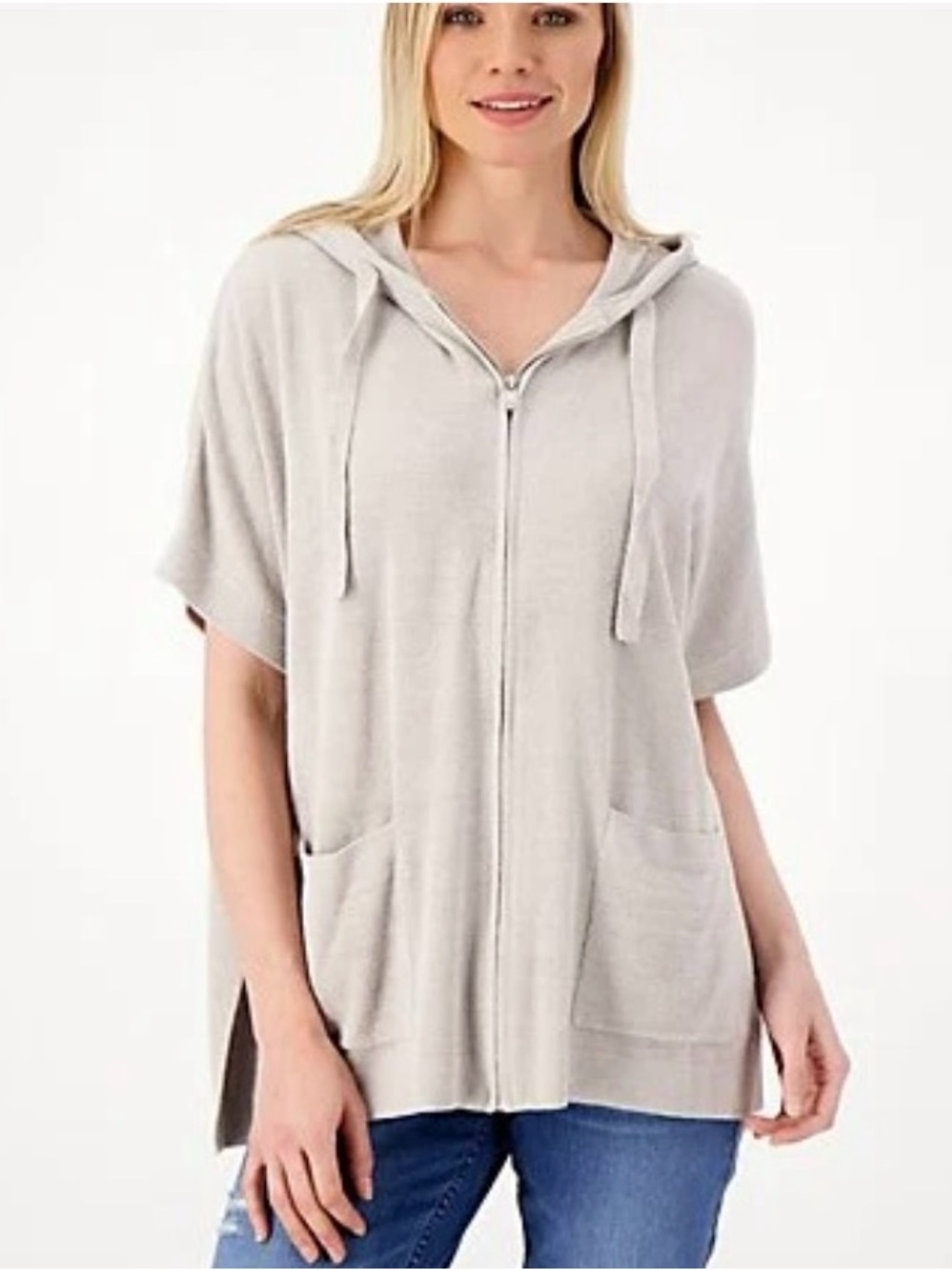 Barefoot Dreams CozyChic Ultra Lite Short Sleeve Zip Up Hoodie Whisper Gray 1X